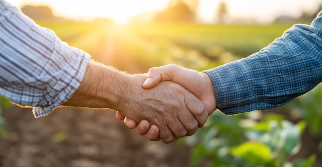 Zwei Geschäftspartner geben sich die Hand vor einem brasilianischen Agrarfeld – Sinnbild für erfolgreiche Partnerschaften und nachhaltiges Lieferantenmanagement im Rohstoffsektor.